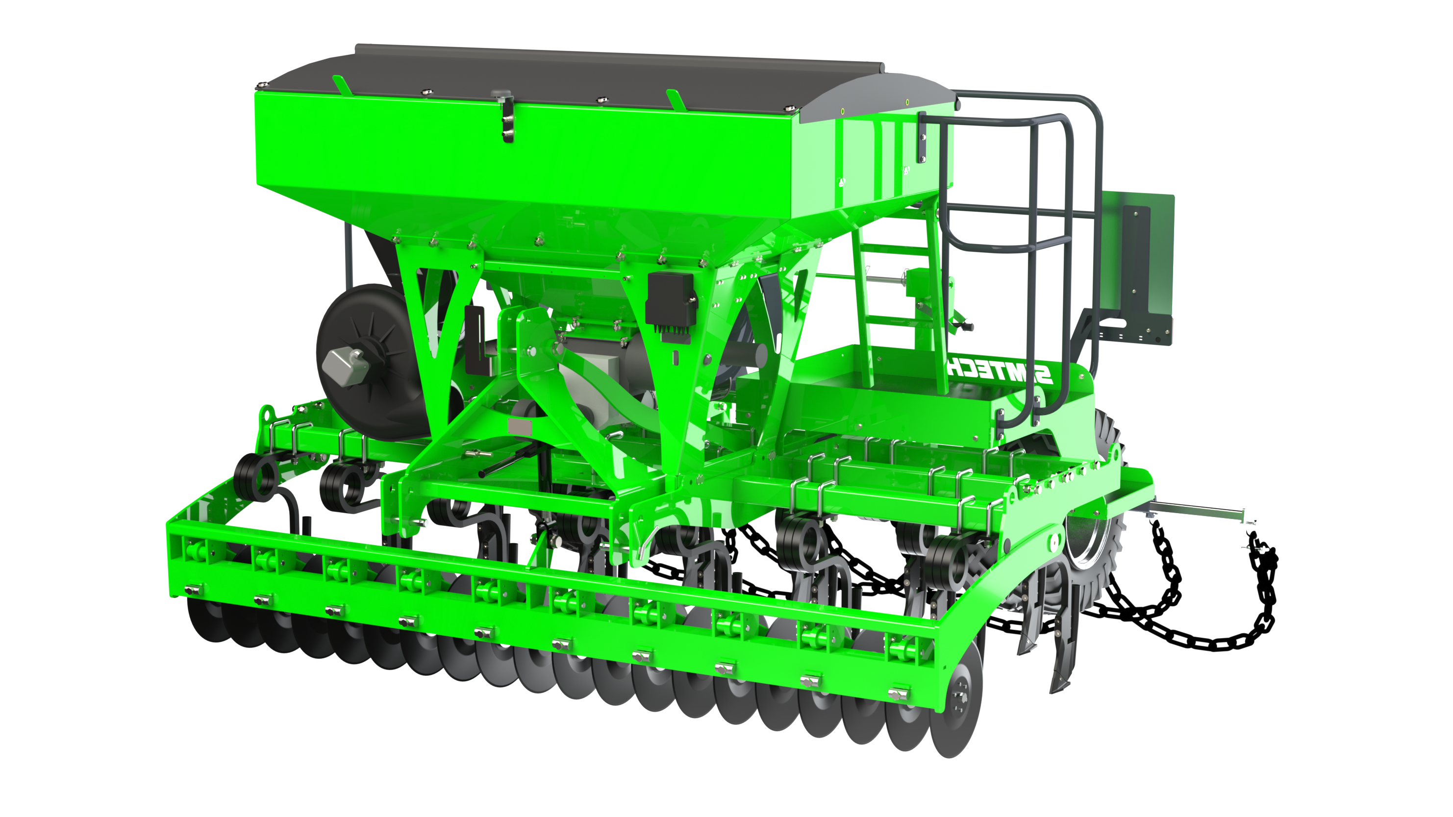 Front View – TSG-300SP Pneumatic Grass Drill 3D render front view of TSG-300SP pneumatic grass drill