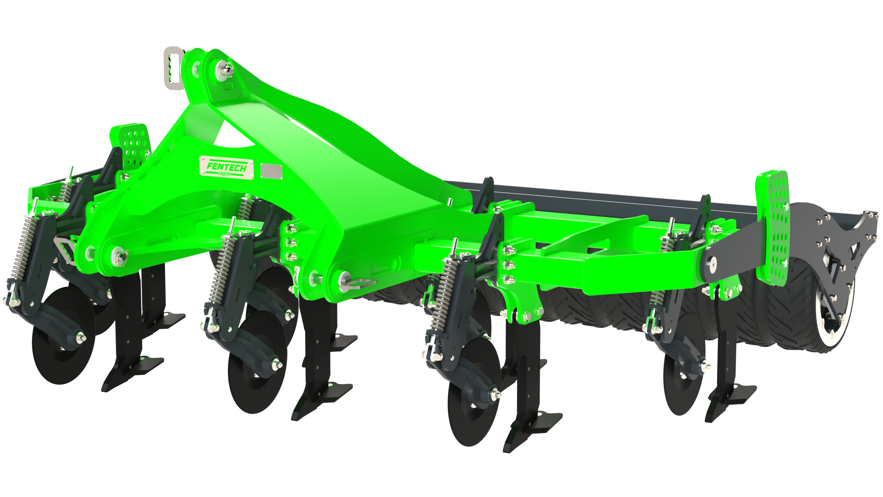 Fentech Agri cultivator - Tremor - FRONT view Fentech Agri Subsoiler: Durable Frame and Advanced Roller Options Built with a robust frame for reliability, the Fentech Agri subsoiler features multiple roller choices such as rubber, steel DD, crumbler, and channel, paired with a spring-loaded leading disc. This combination ensures efficient trash cutting, improved soil aeration, and enhanced weed control, delivering long-term productivity with minimal maintenance.
