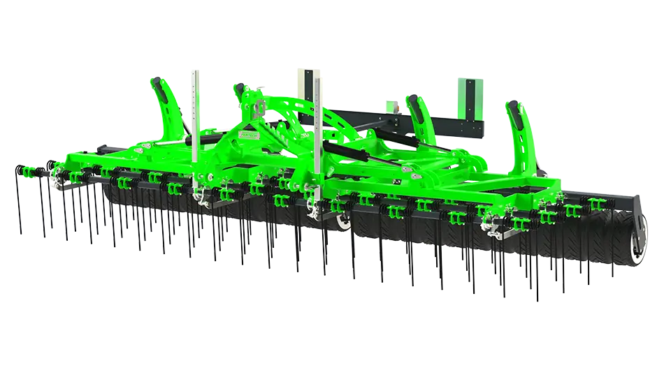Front View Render of the Phoenix Cultivator Computer-generated front view of the Phoenix cultivator, showcasing its robust steel frame, heavy-duty tines, and precision-engineered components designed for efficient soil preparation.